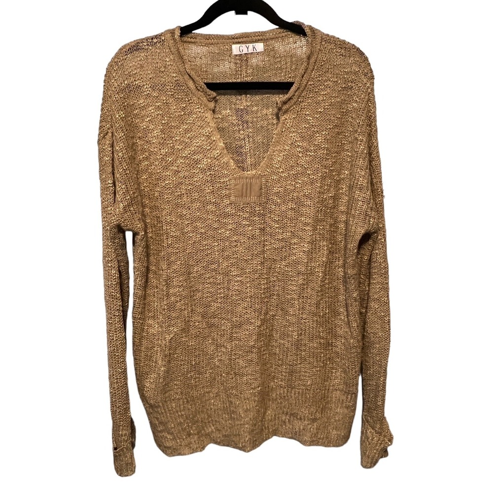 GYK Open Knit Tunic Sweater L Tan Neutral Pullover Lagenlook Dystopian Aesthetic